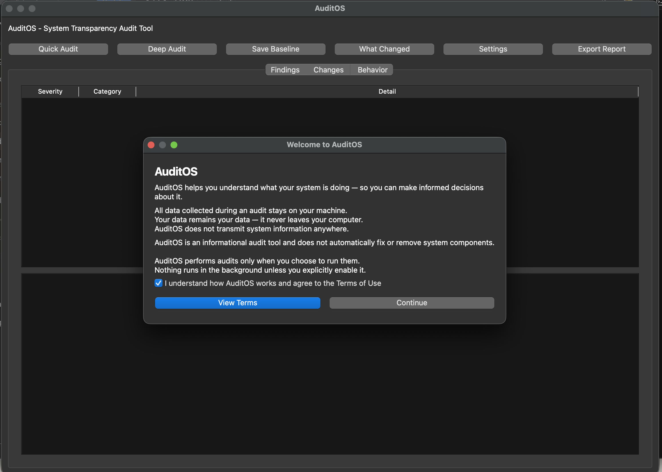 AuditOS behavior view showing many observed local connections and process names as part of deeper audit visibility.