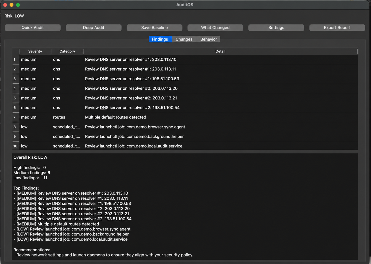 AuditOS findings tab showing categorized results, overall risk level, and recommendations after a local audit.