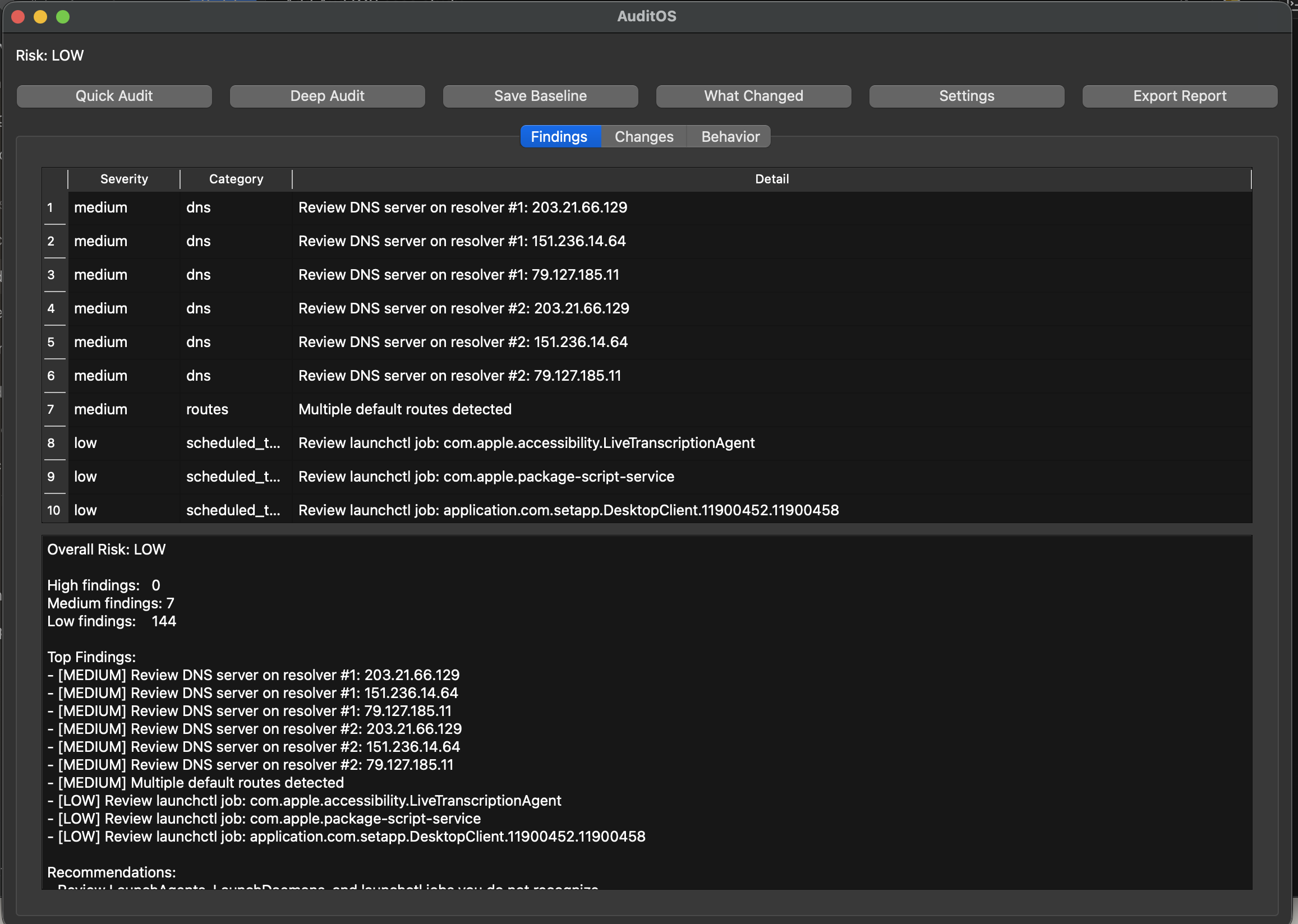 AuditOS findings tab showing categorized results, overall risk level, and recommendations after a local audit.