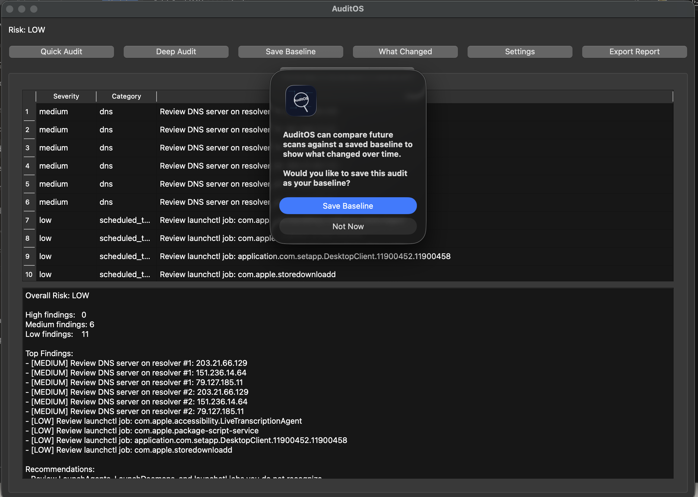 AuditOS welcome dialog describing local-only scans, terms acknowledgement, and the app's non-destructive reporting approach.